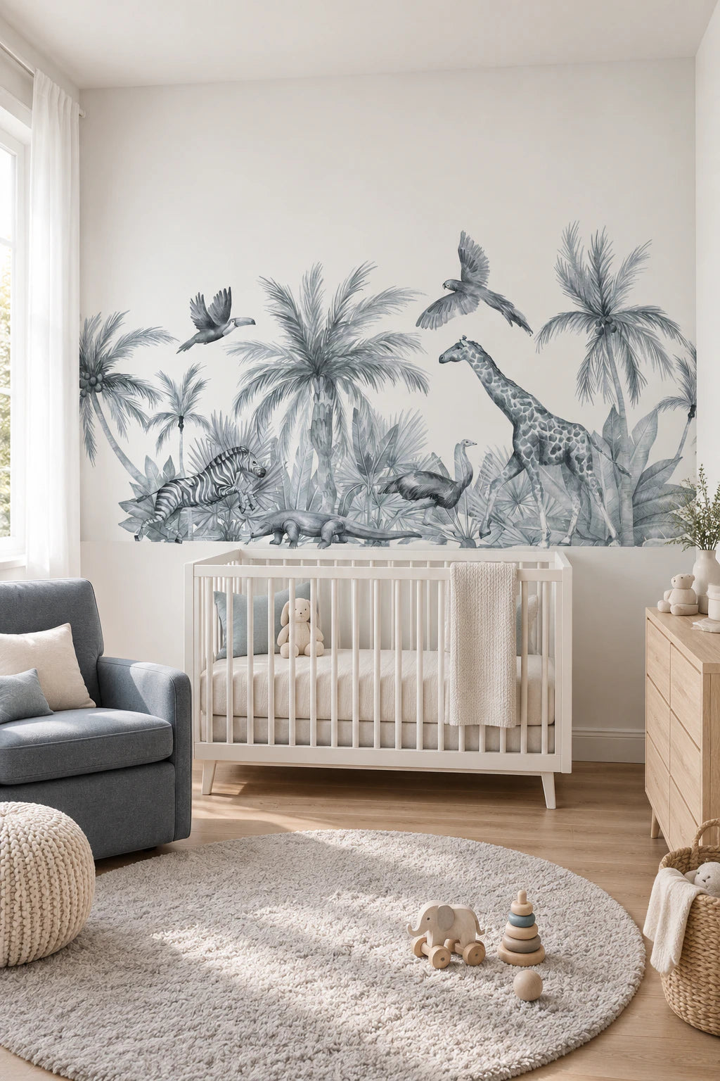 Papier peint panoramique faune sauvage noir et blanc - Chambre Bébé