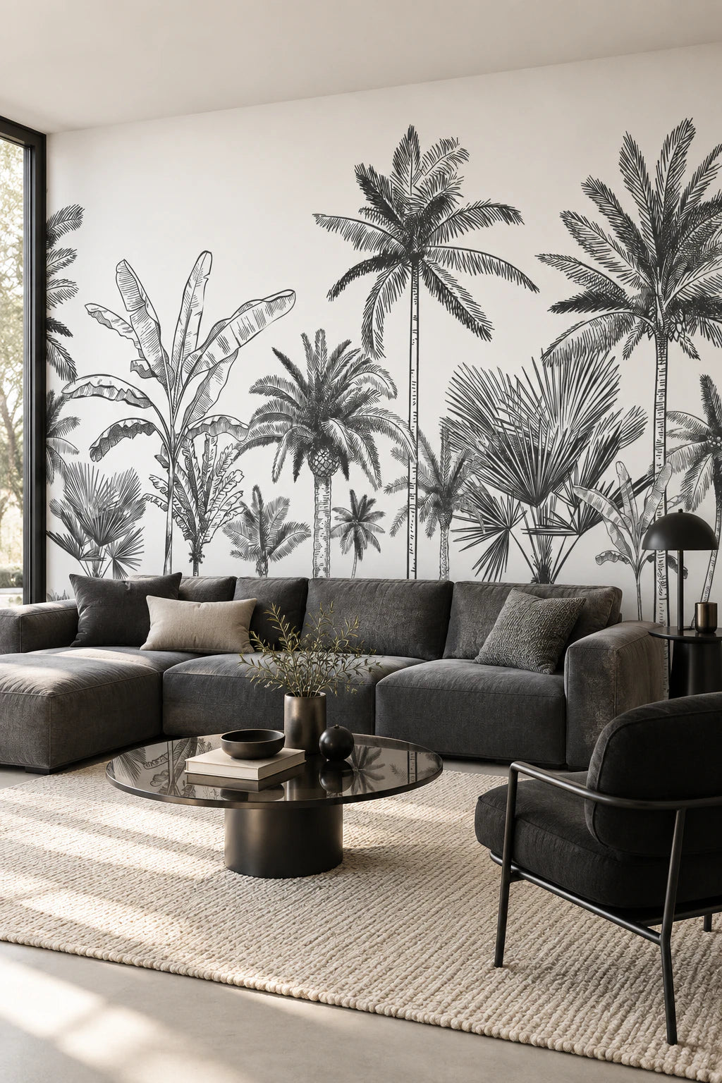 Papier peint panoramique végétation tropicale noir et blanc - Salon, Cuisine