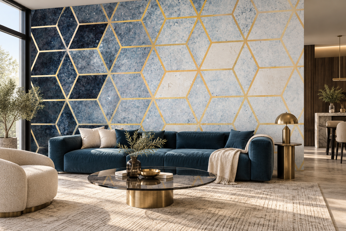 Décor mural panoramique Prisme Boréal sur le mur principal d’un {room} {interior_style}