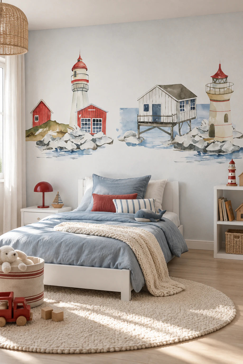 Fresque panoramique Rivage des Balises dans une chambre d’enfant lumineuse