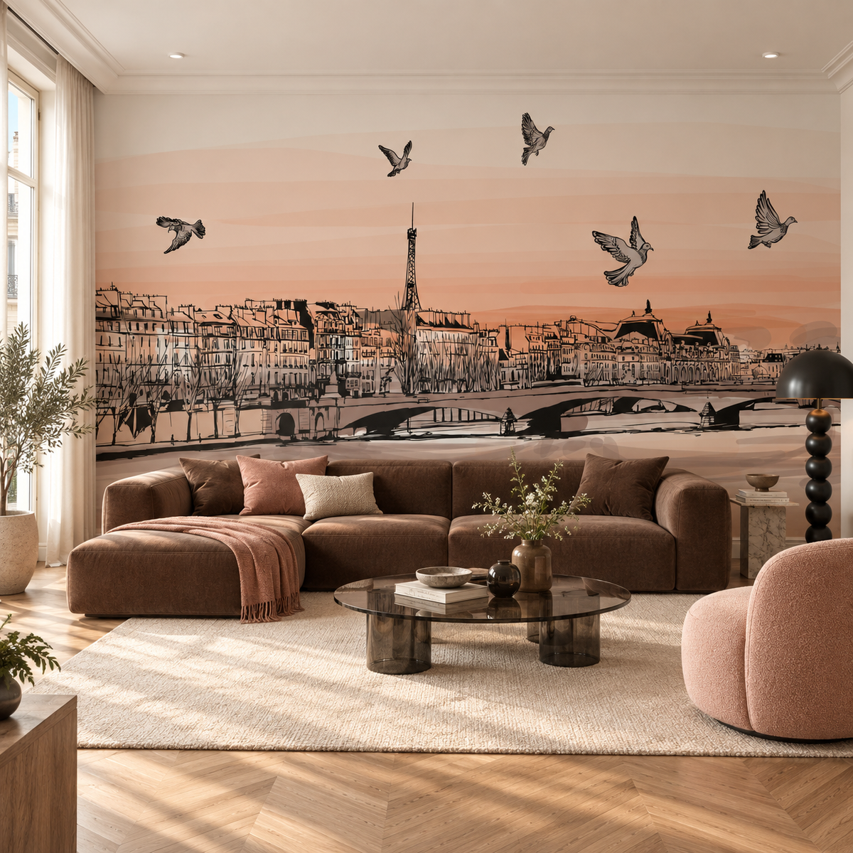 Fresque panoramique Rive des Pigeons dans un salon contemporain aux accents bruns et roses