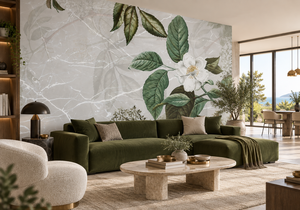 Papier peint panoramique Rose de Marbre dans un salon contemporain aux accents vert profond