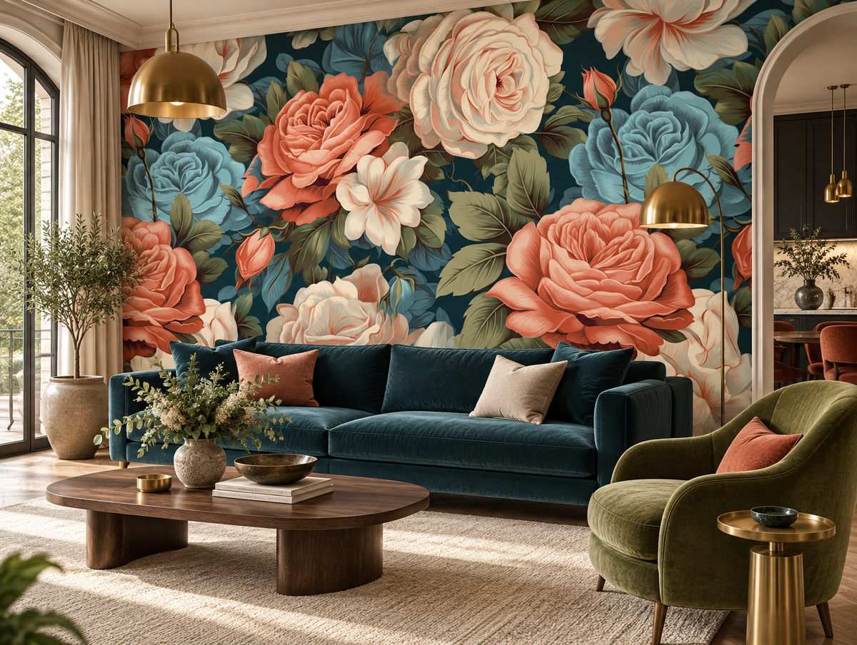 Papier peint panoramique Roses d’Écume dans un salon contemporain aux accents bleu pétrole