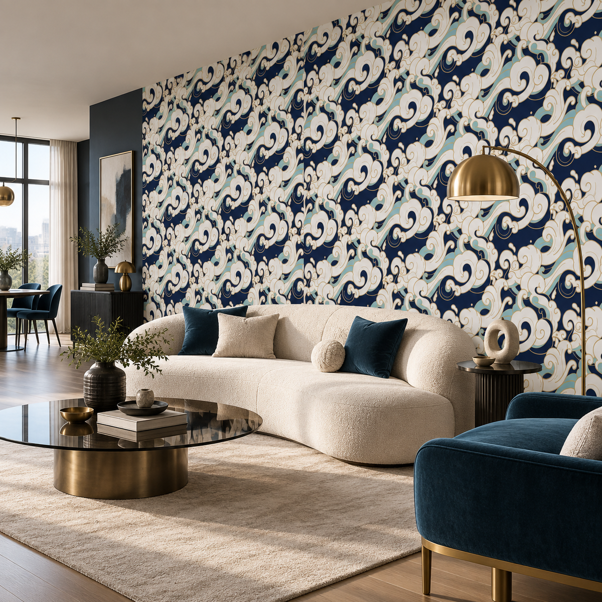 Décor mural panoramique Sillage Céleste avec vagues japonaises dans un salon contemporain