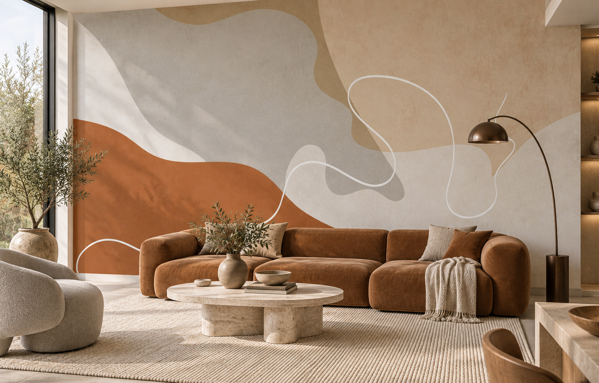 Décor mural panoramique Sillage Ocre dans un salon contemporain aux accents terracotta