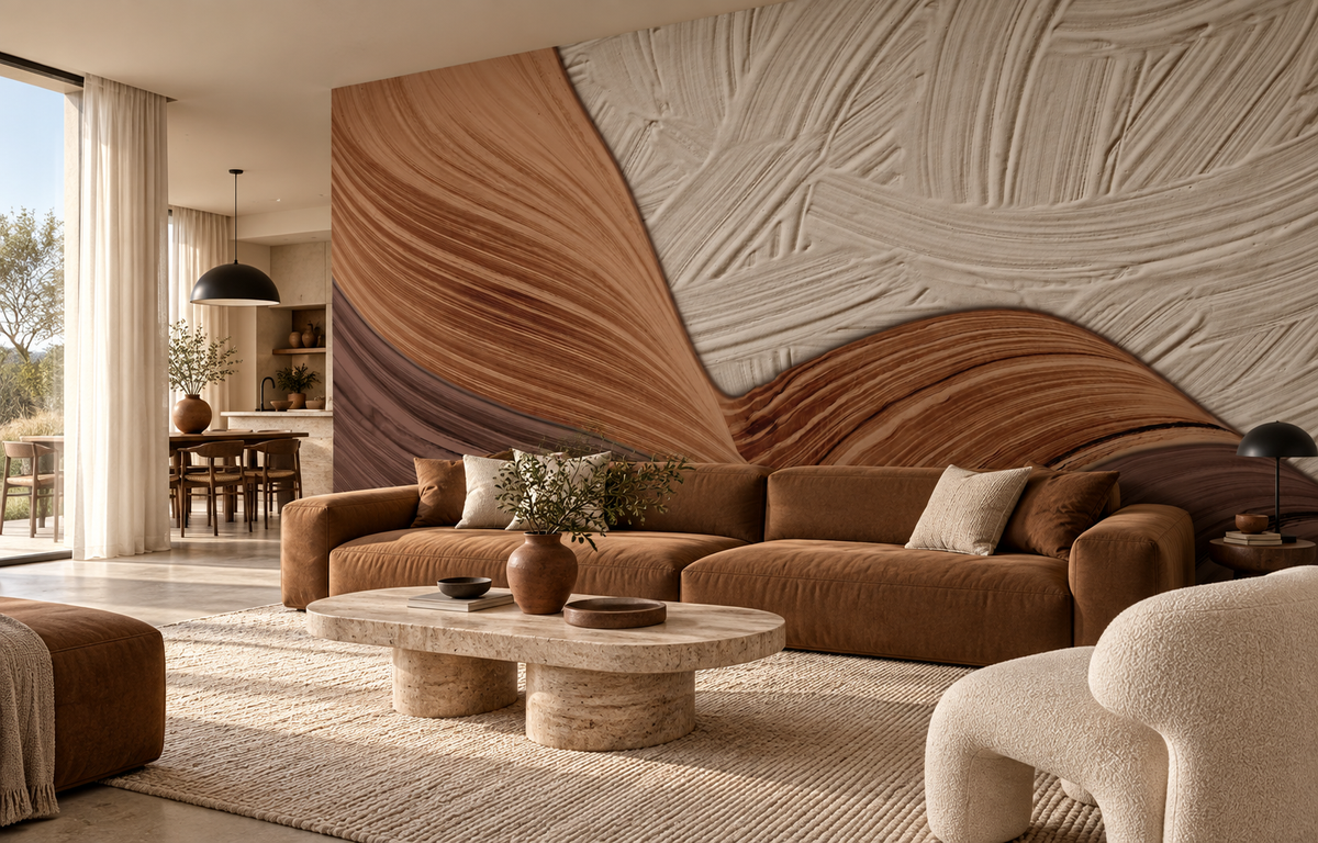 Décor mural panoramique Strates Siennes sur le mur d’un salon contemporain aux tons tabac