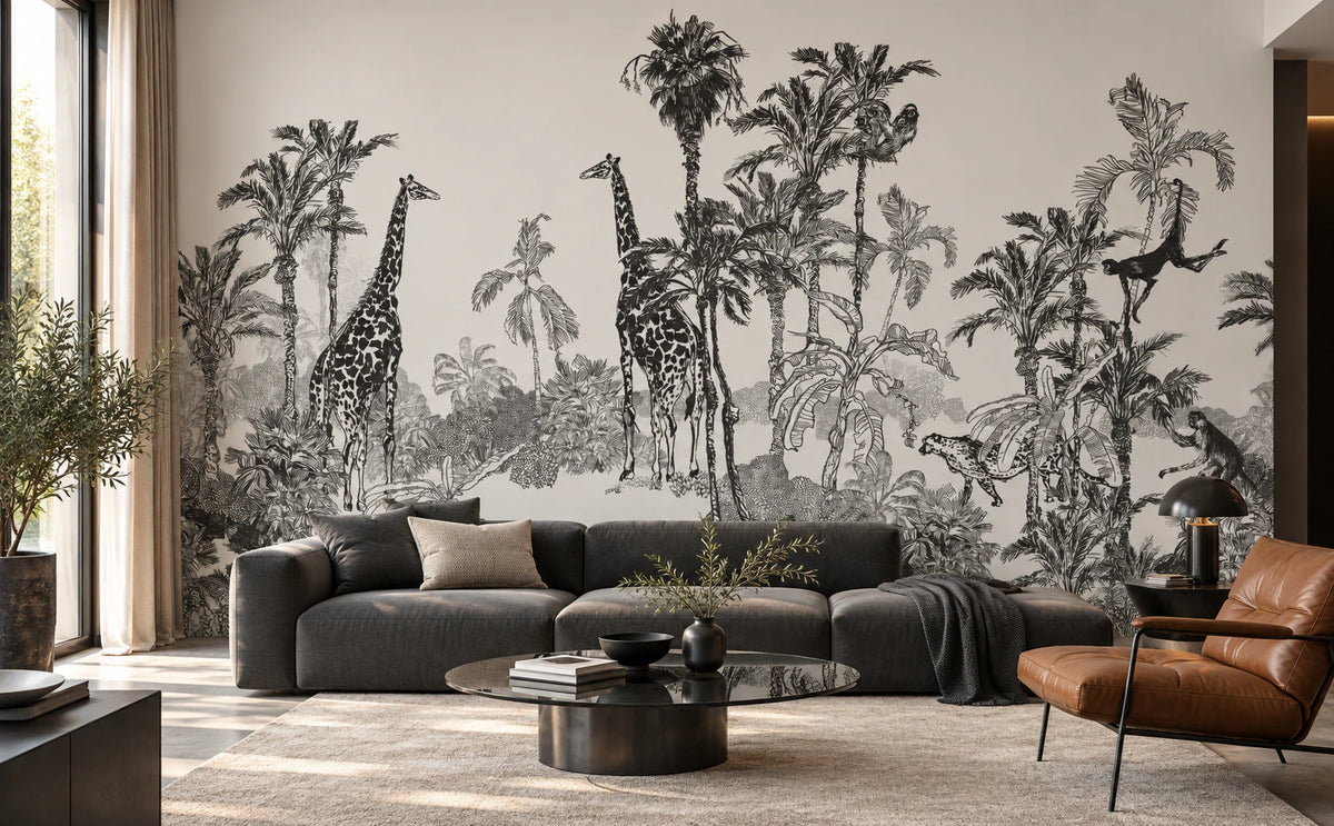 Papier peint girafe dans la savane noir et blanc - Salon, Cuisine