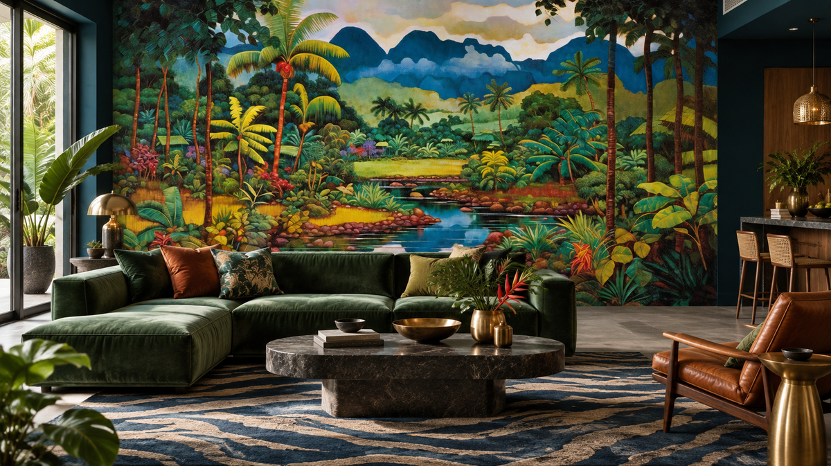 Fresque panoramique Vallée d’Émeraude dans un salon contemporain aux accents vert profond