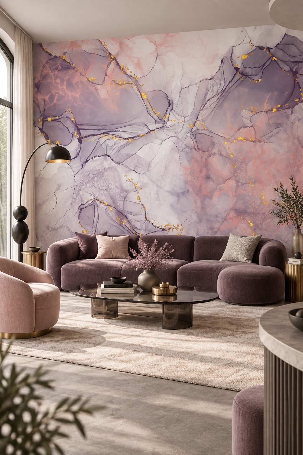 Décor mural panoramique Veines de Poudre dans un salon contemporain aux accents prune