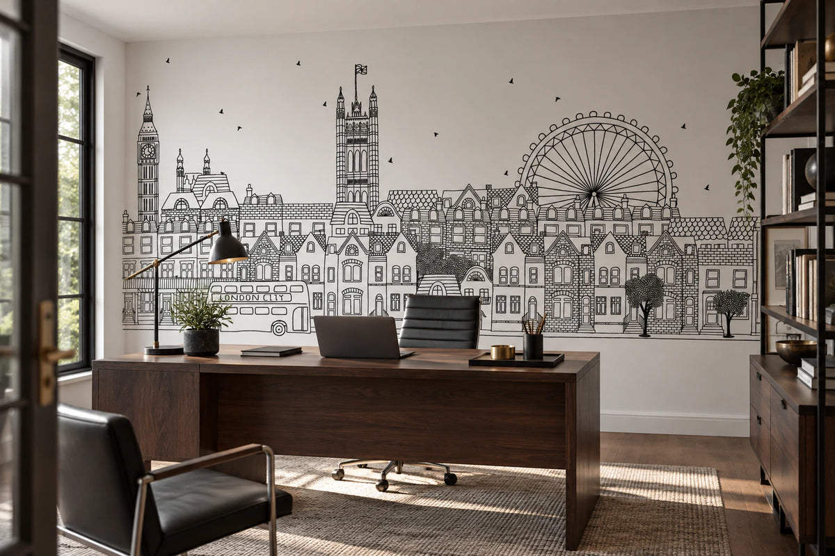 Papier peint ville de Londres noir et blanc - Bureau