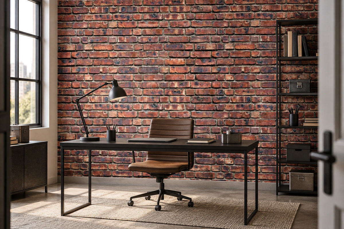 Papier peint panoramique trompe l’œil mur de brique rouge - Bureau