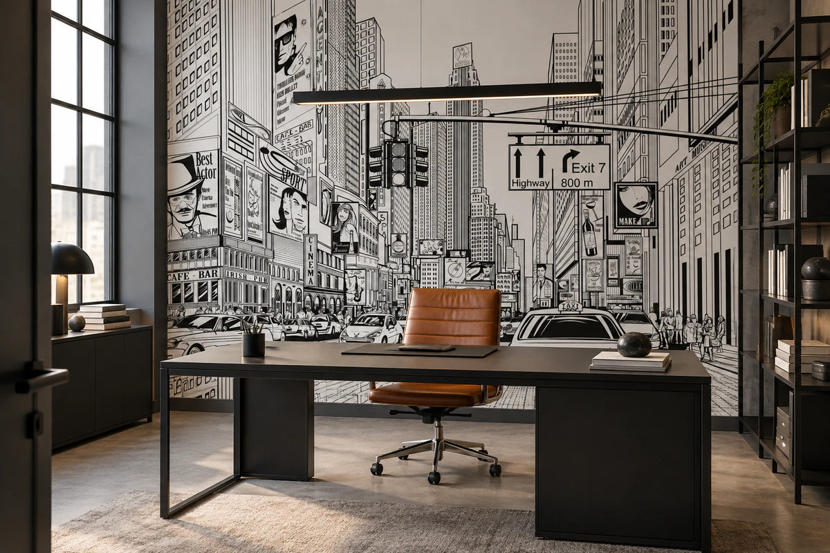 Papier peint panoramique illustration times square en noir et blanc - Bureau