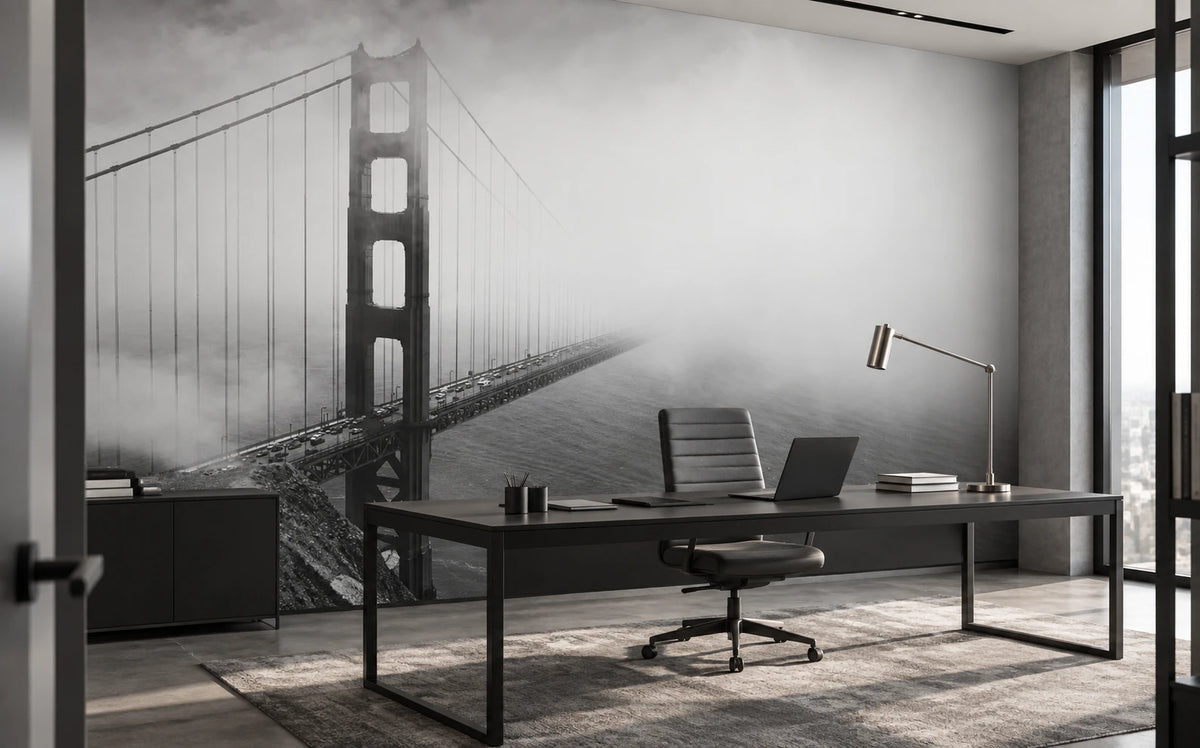 Papier peint panoramique photo du Golden Gate noir et blanc - Bureau