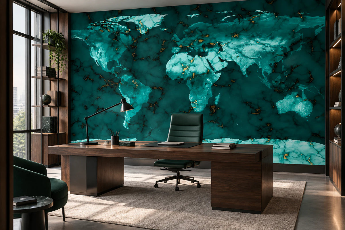Papier peint carte du monde effet marbre vert - Bureau