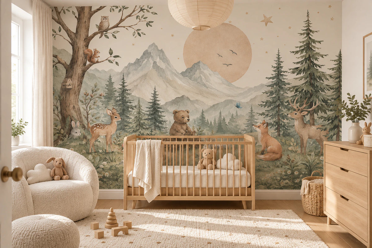 Papier peint panoramique Forêt des Songes – Animaux de la forêt et montagnes - Chambre Bébé