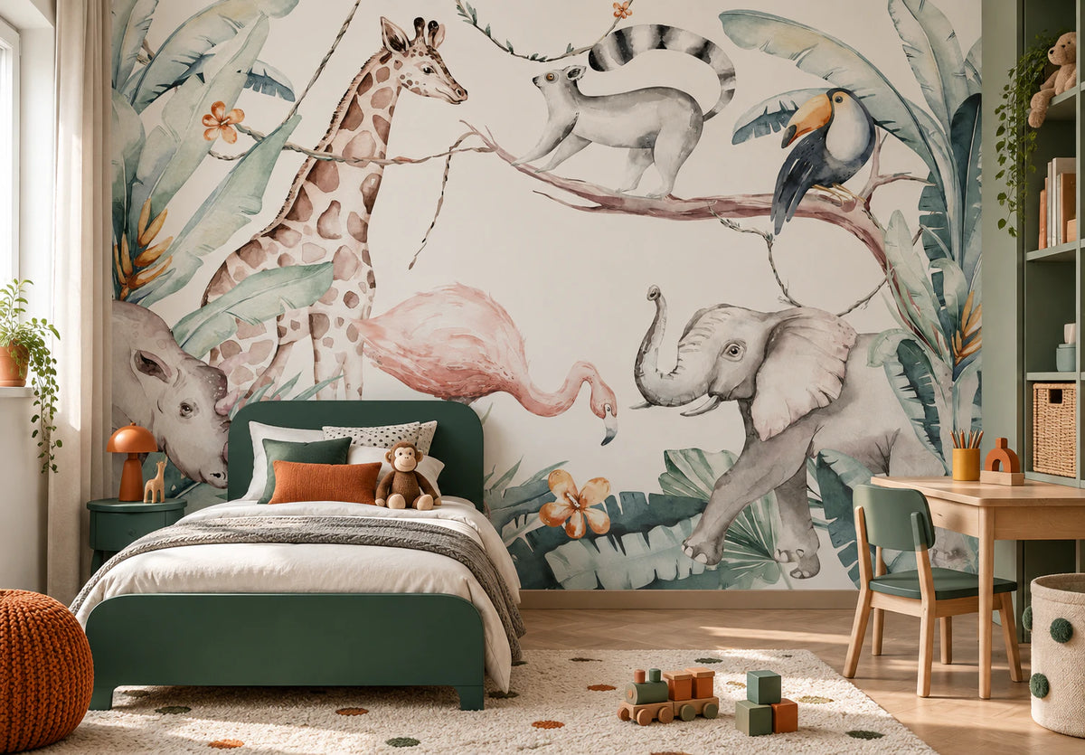 Papier peint chambre enfant, girafe, éléphant & Flamant rose - Chambre Enfant