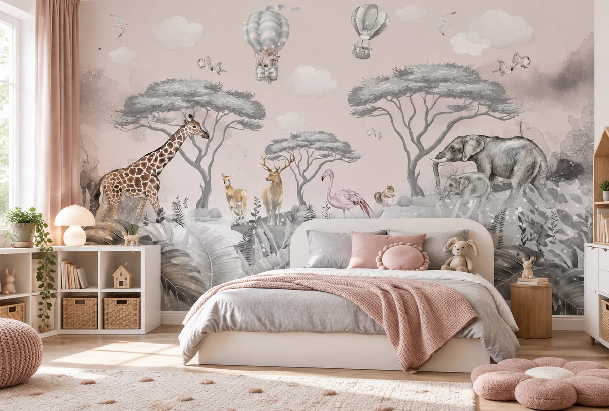 Papier peint girafe, éléphant dans la savane - Chambre Enfant