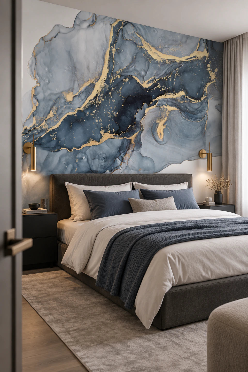 Papier peint panoramique marbre bleu et doré - Chambre Parentale