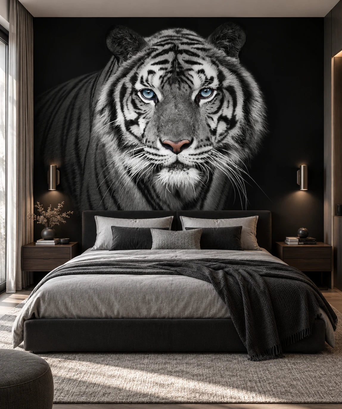 Papier peint panoramique tigre noir et blanc - Chambre Parentale