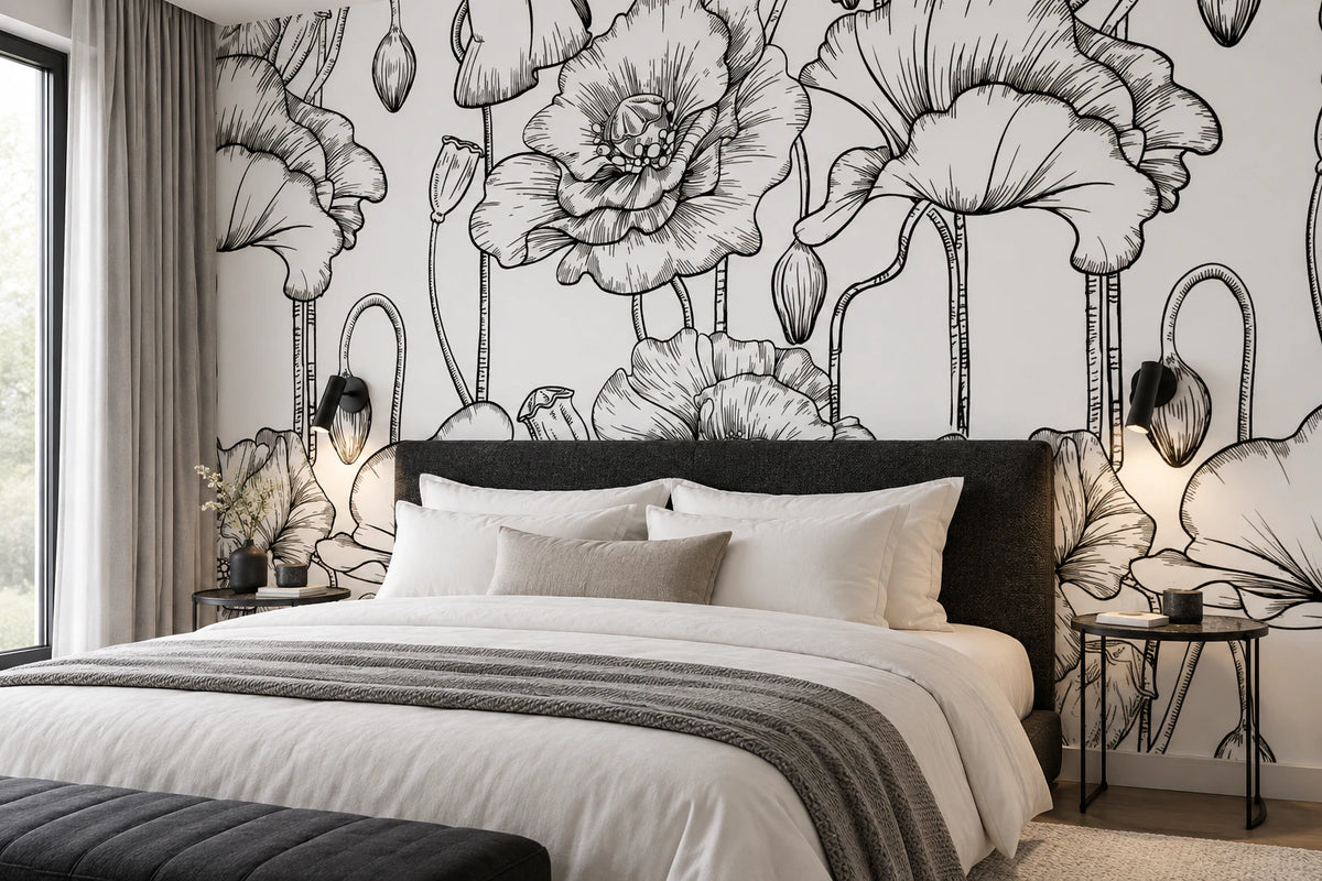 Papier peint panoramique illustration coquelicot noir et blanc - Chambre Parentale