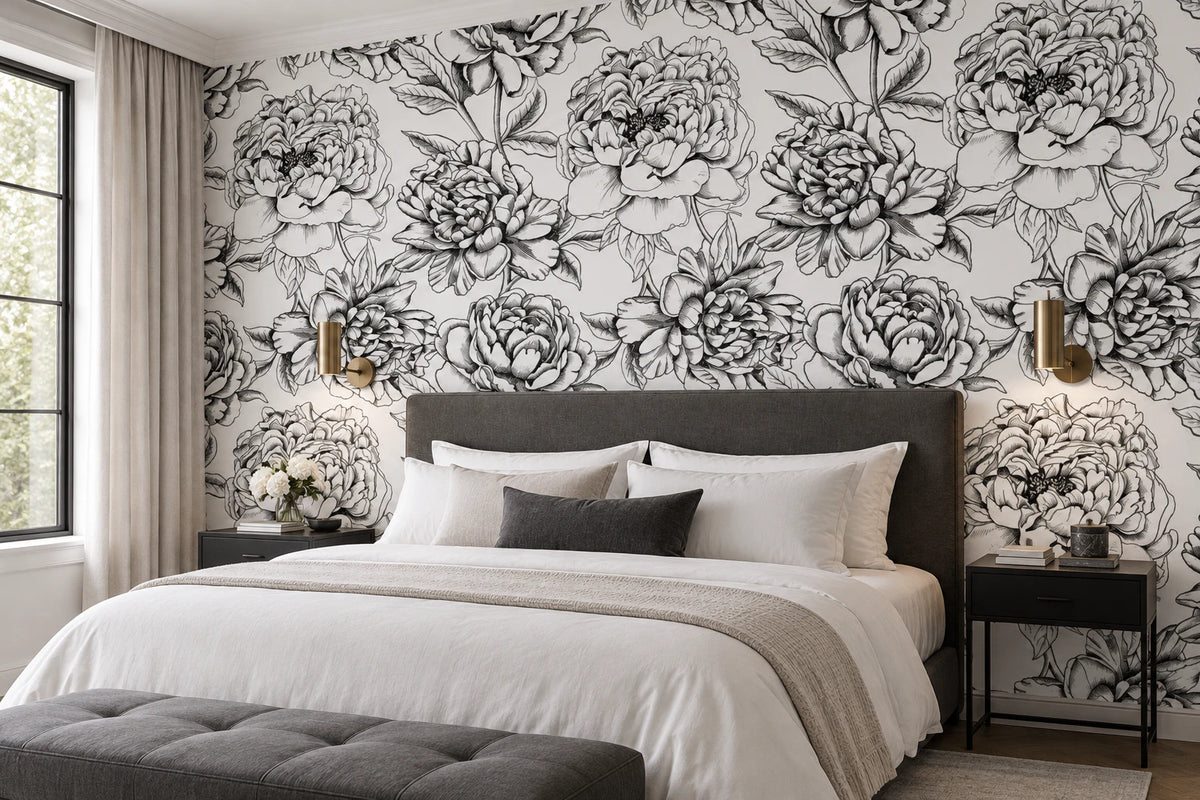 Papier peint panoramique illustration floral noir et blanc - Chambre Parentale