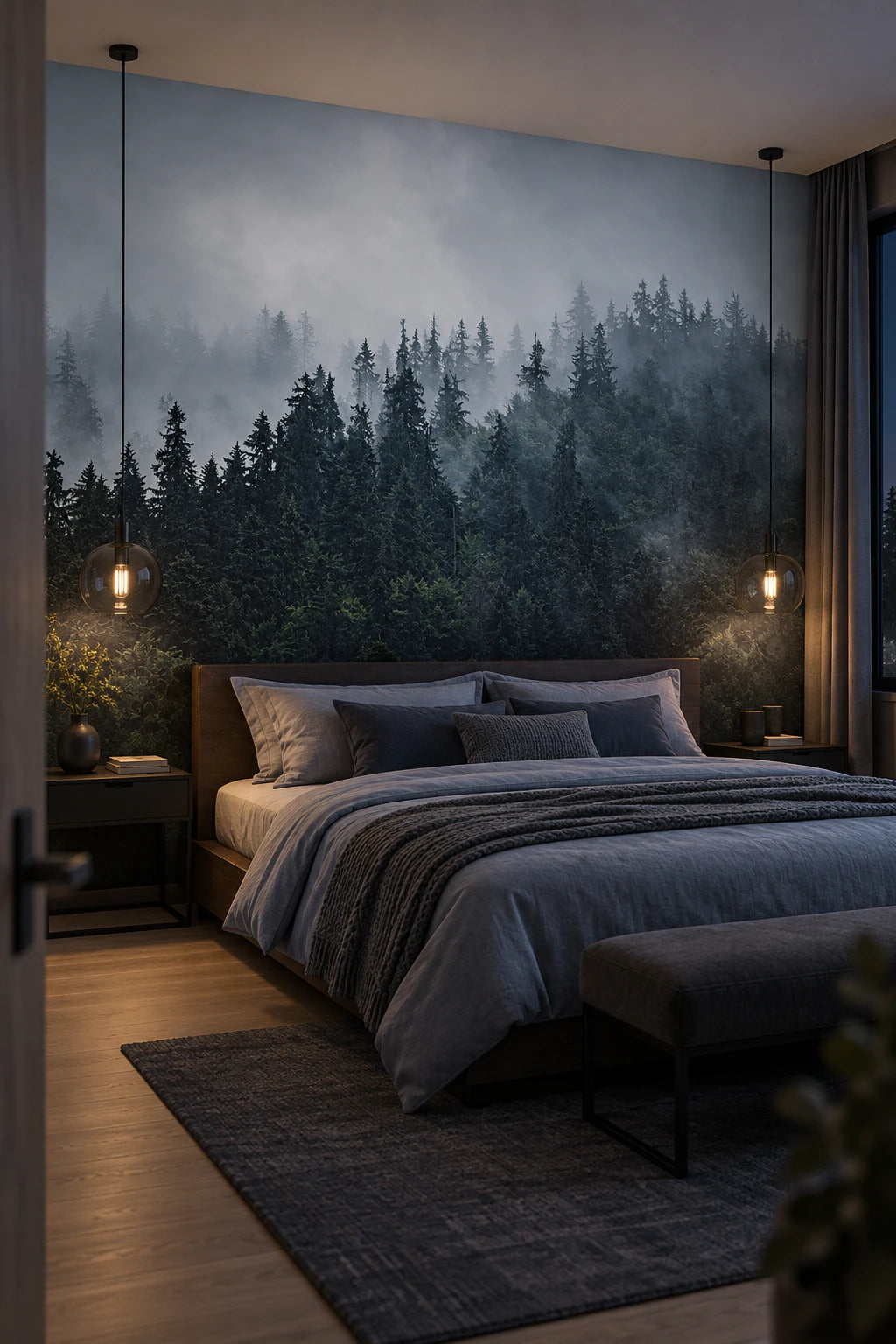 Papier peint panoramique forêt de sapin sous la brume - Chambre Parentale
