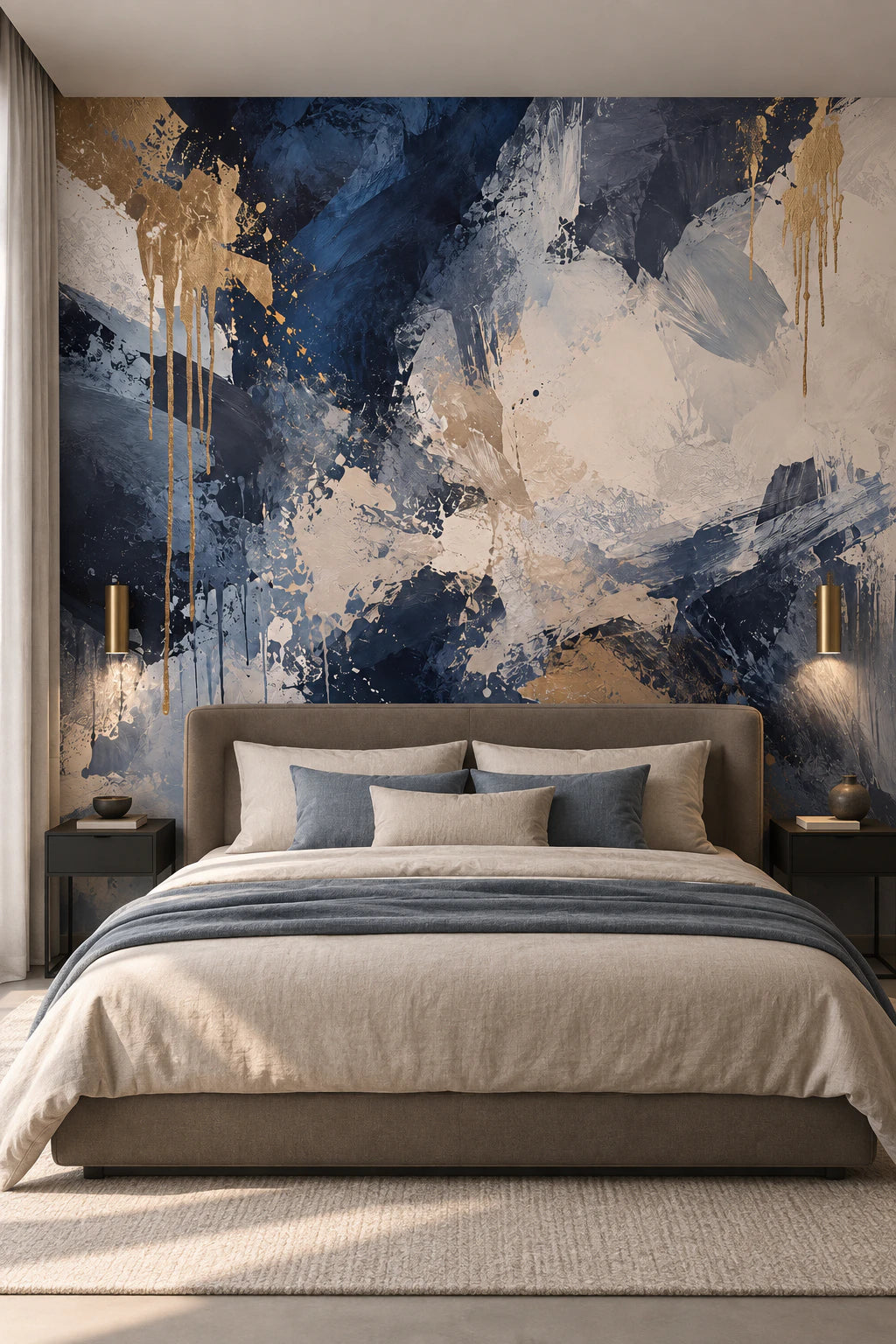 Papier peint abstrait Tempête Minérale – Bleu & Or - Chambre Parentale