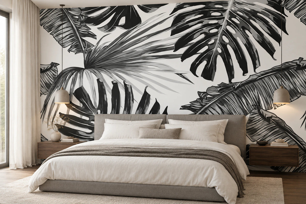 Papier peint panoramique monstera noir et blanc - Chambre Parentale