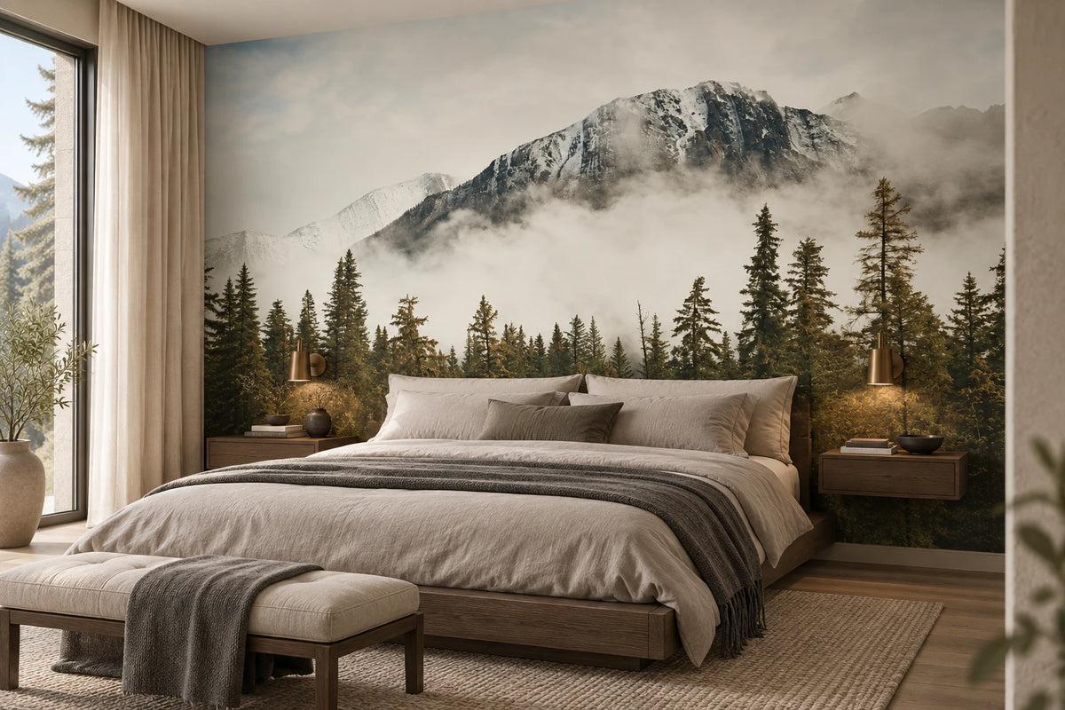 Papier peint panoramique brume et montagne enneigée - Chambre Parentale