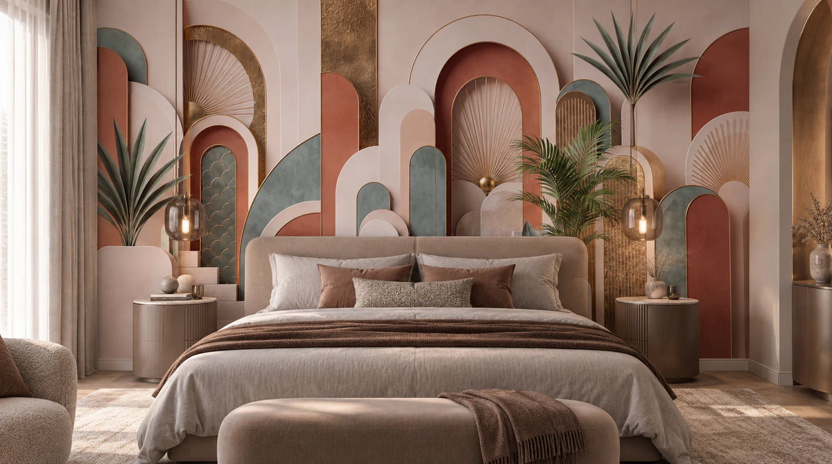 Papier peint panoramique Arches Dorées – Art déco terracotta - Chambre Parentale