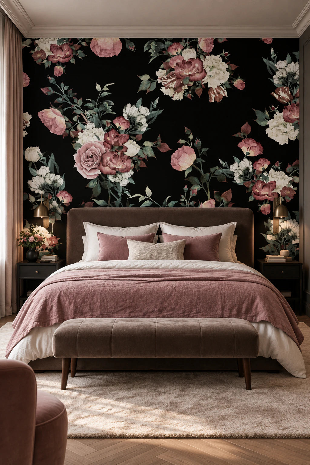 Papier peint pivoine et rose - Chambre Parentale