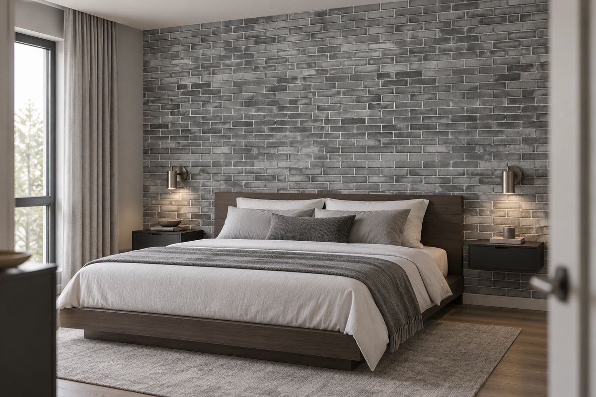 Papier peint panoramique trompe l’œil mur de briques grises - Chambre Parentale
