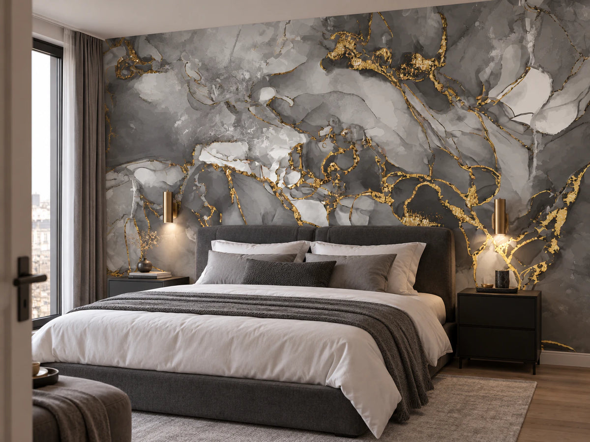 Papier peint peinture marbre gris et doré - Chambre Parentale
