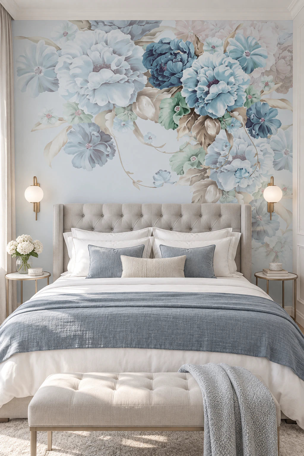 Papier peint panoramique bouquet de fleurs bleues - Chambre Parentale