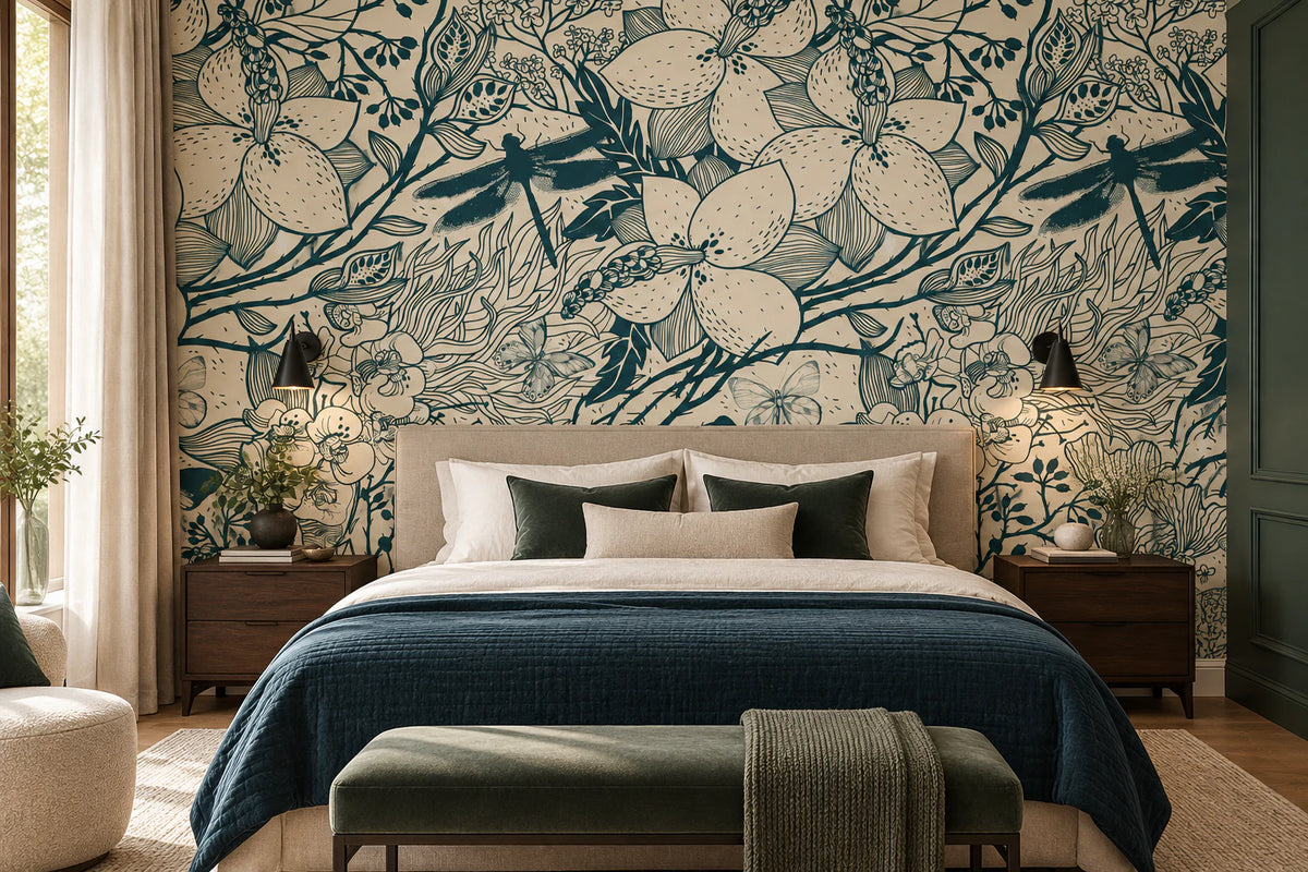 Papier peint panoramique fleur bleue - Chambre Parentale