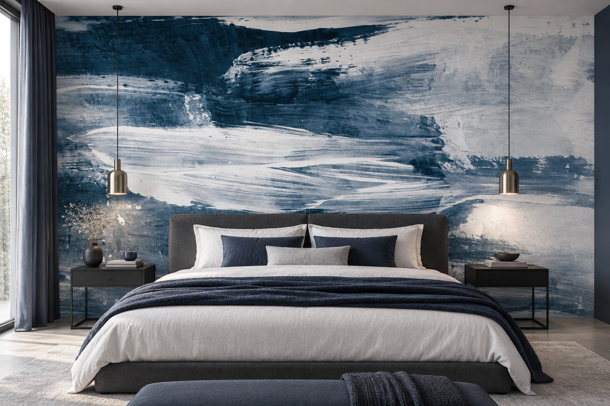 Papier peint panoramique peinture abstraite bleue - Chambre Parentale