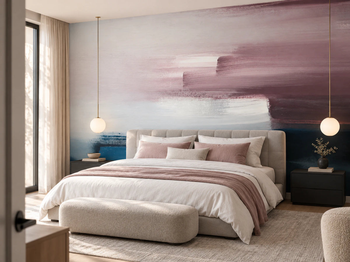 Papier peint panoramique peinture abstraite rose et blanc - Chambre Parentale