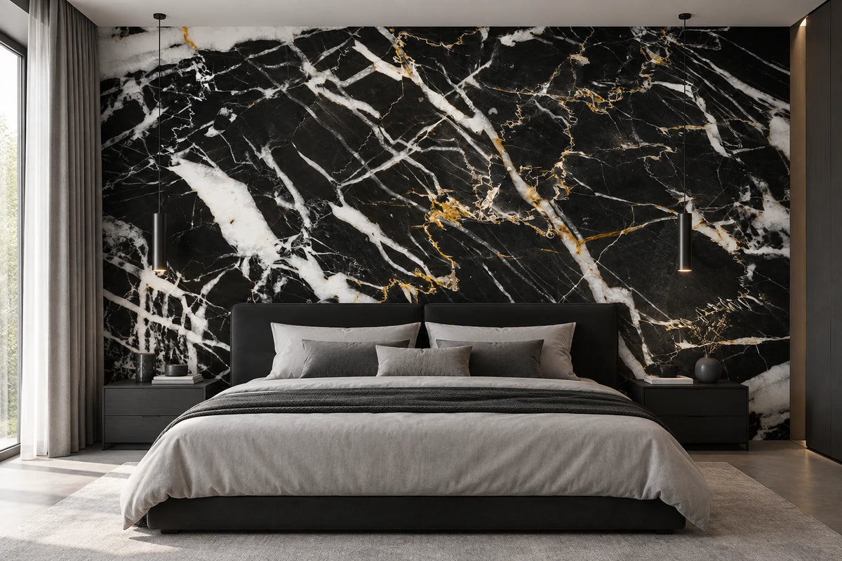 Papier peint panoramique marbre noir blanc et doré - Chambre Parentale
