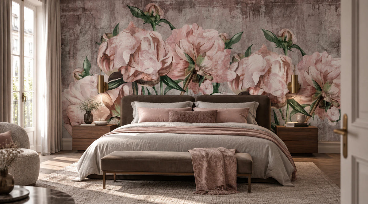 Papier Peint Panoramique Fleurs de Pivoine - Chambre Parentale