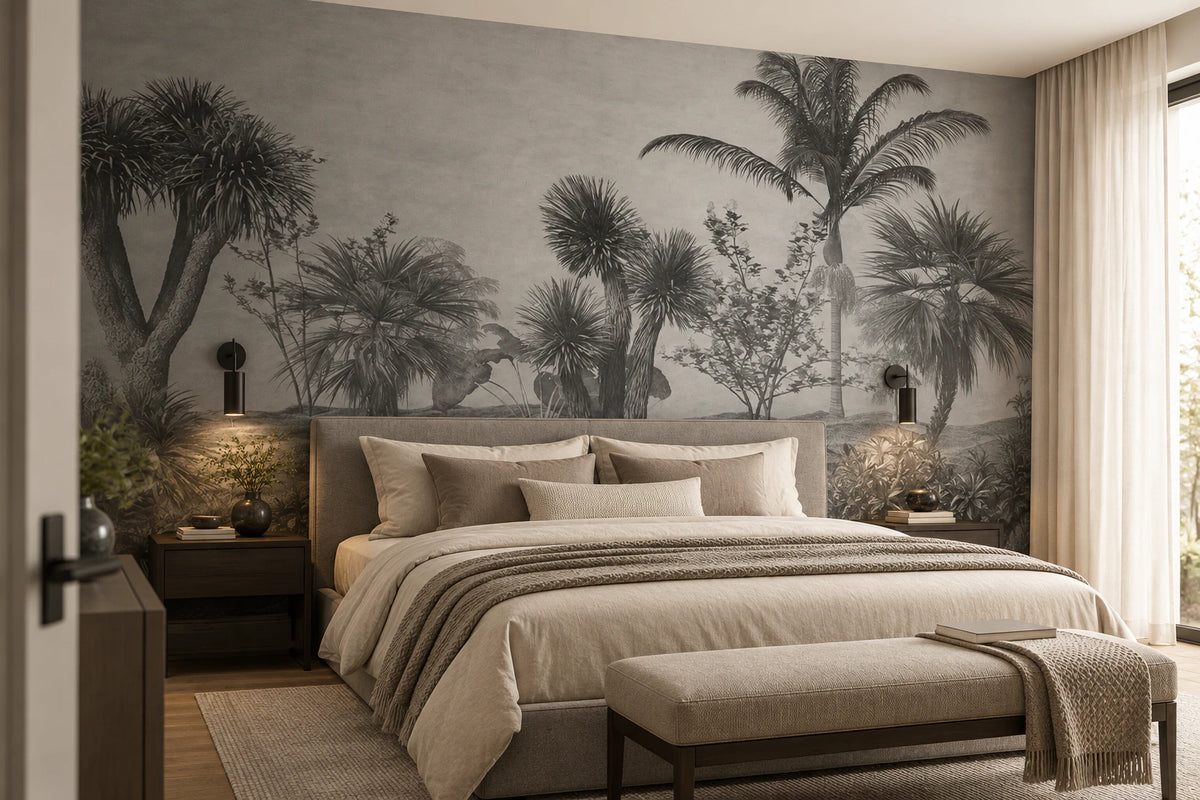 Papier peint jungle exotique noir et blanc - Chambre Parentale