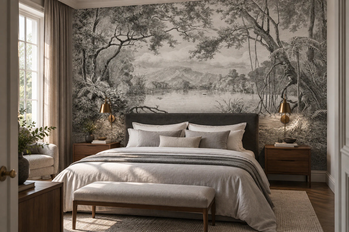 Papier peint forêt noir et blanc - Chambre Parentale
