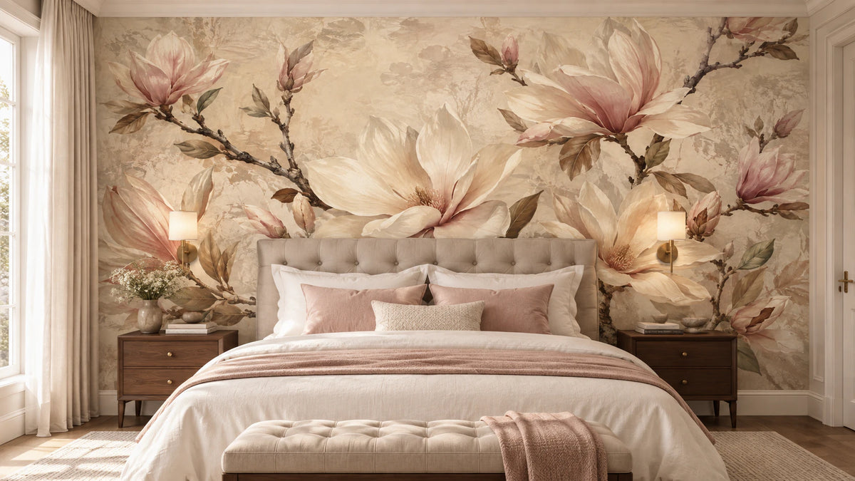 Papier peint panoramique Magnolias Poudrés - Fleurs beige et rose - Chambre Parentale
