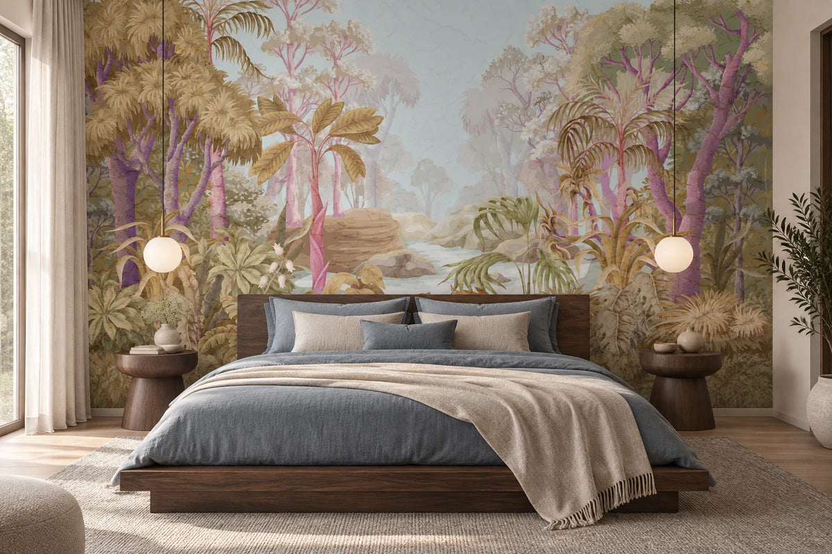 Jardin de Brume – Papier peint panoramique jungle pastel - Chambre Parentale