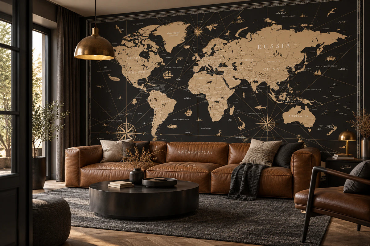 Papier peint panoramique carte du monde noir et beige - Salon, Cuisine
