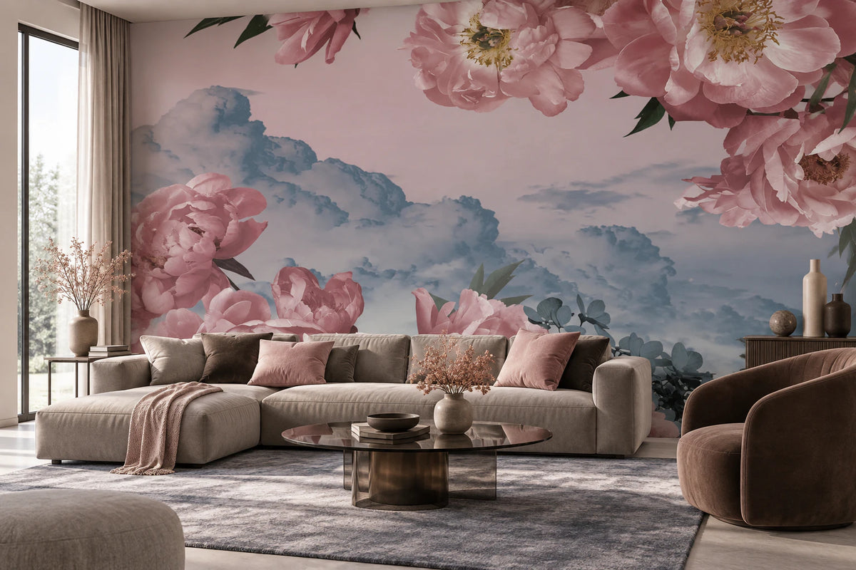 Papier peint panoramique fleurs roses - Salon, Cuisine