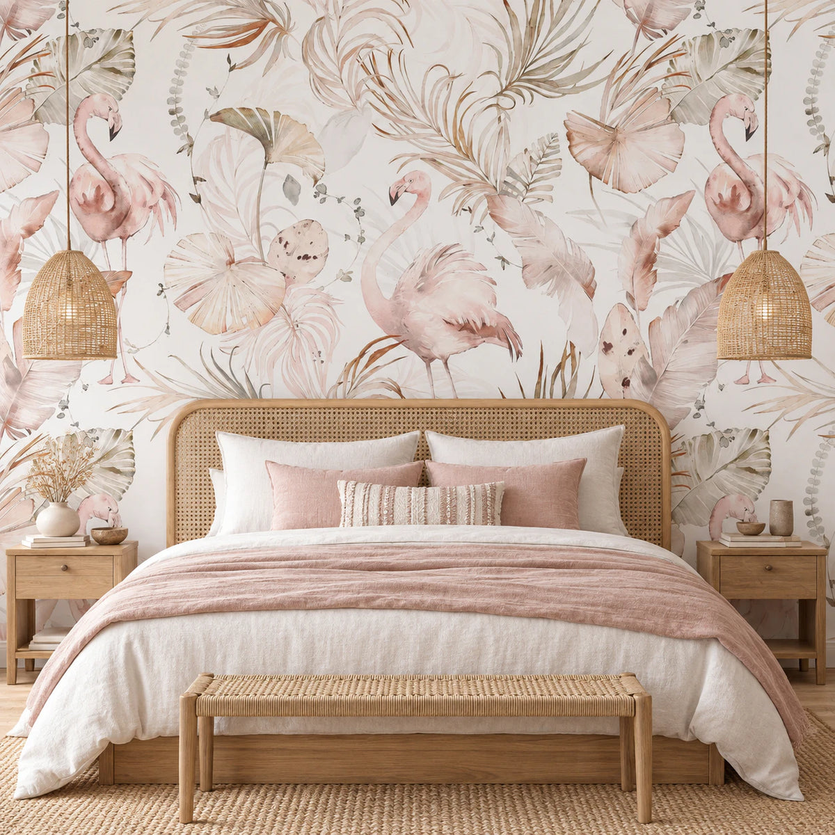 Papier peint sur mesure flamant rose et végétation - Tête de Lit