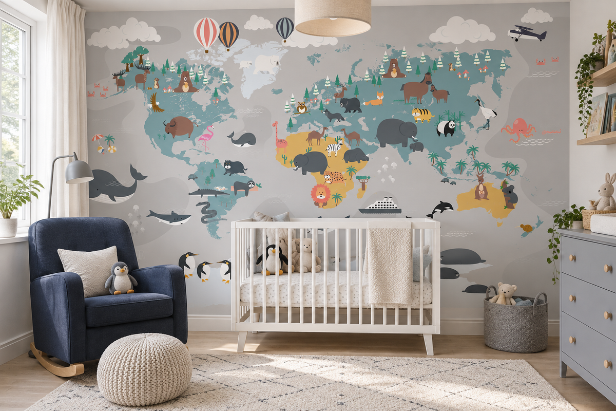 Décor mural Atlas Vagabond sur le mur d’une chambre de bébé inspirée du voyage