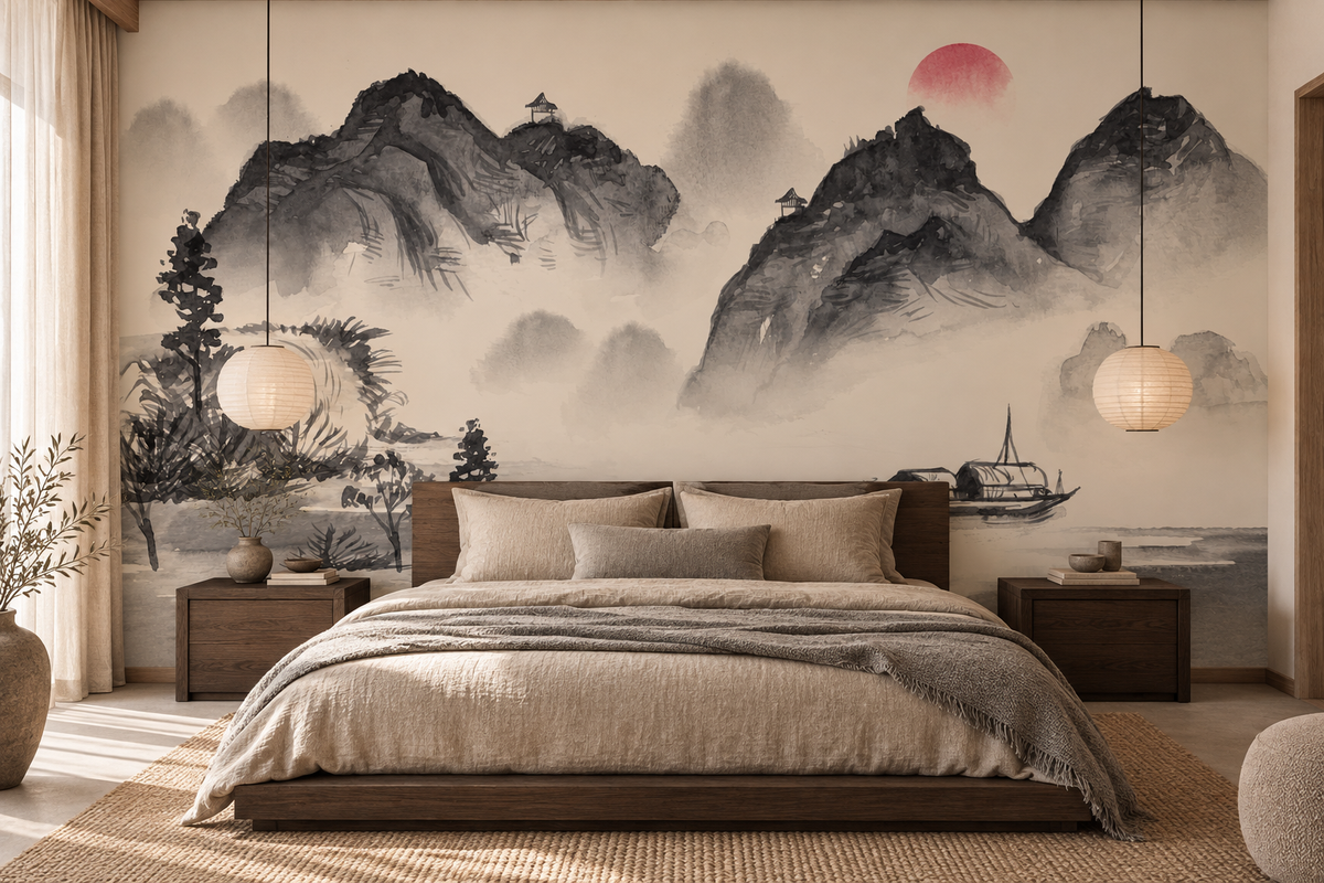 Papier peint montagnes brumeuses Brume des Cimes en tête de lit