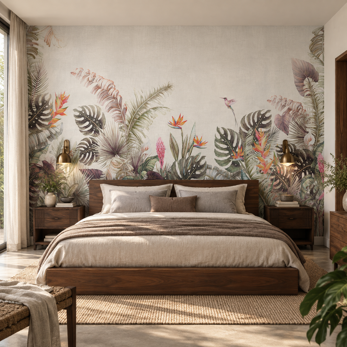 Décor mural tropical Canopée d’Ivoire derrière une tête de lit dans une chambre parentale élégante