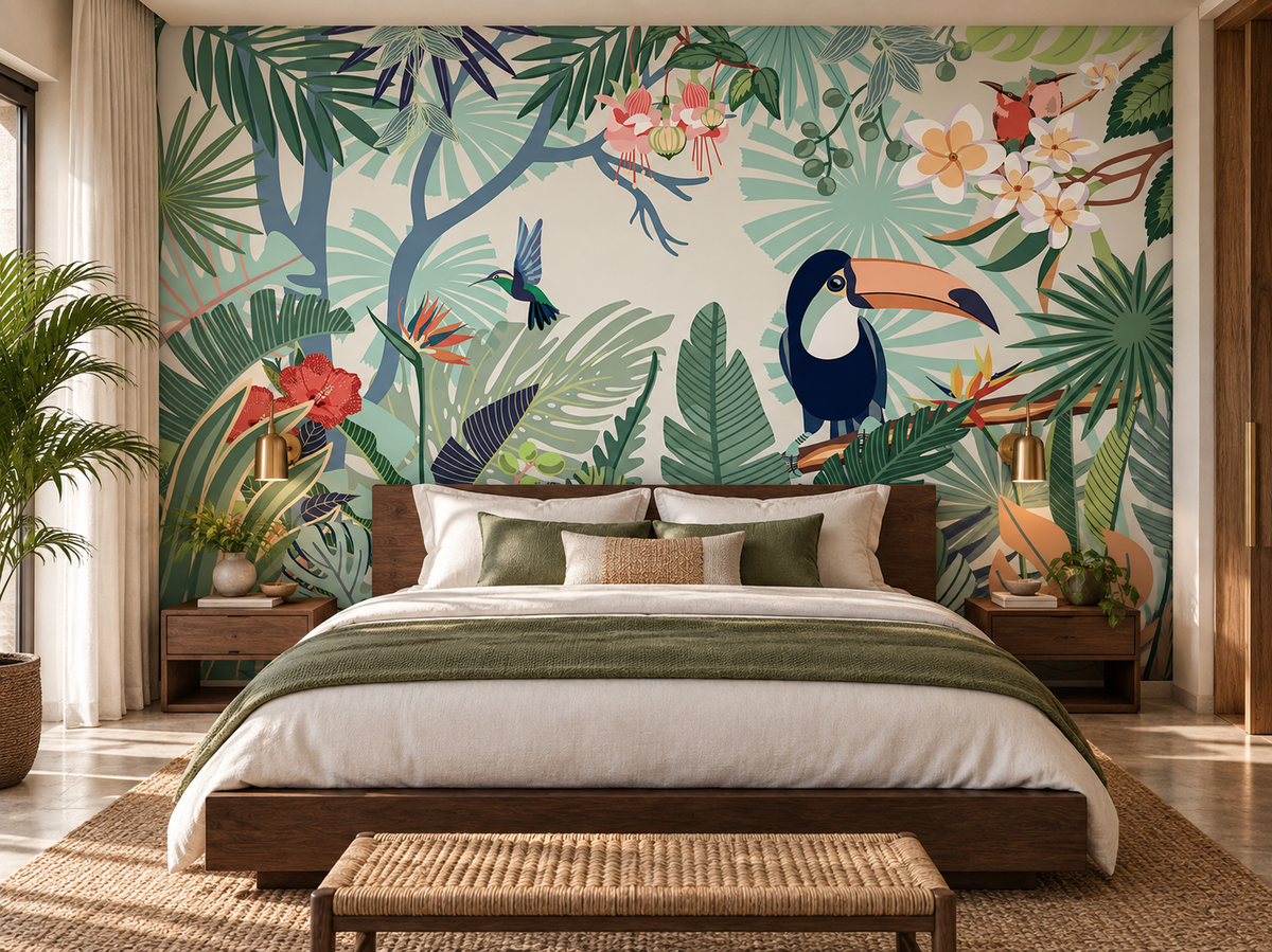 Papier peint panoramique Canopée Toucan en tête de lit dans une chambre parentale végétale